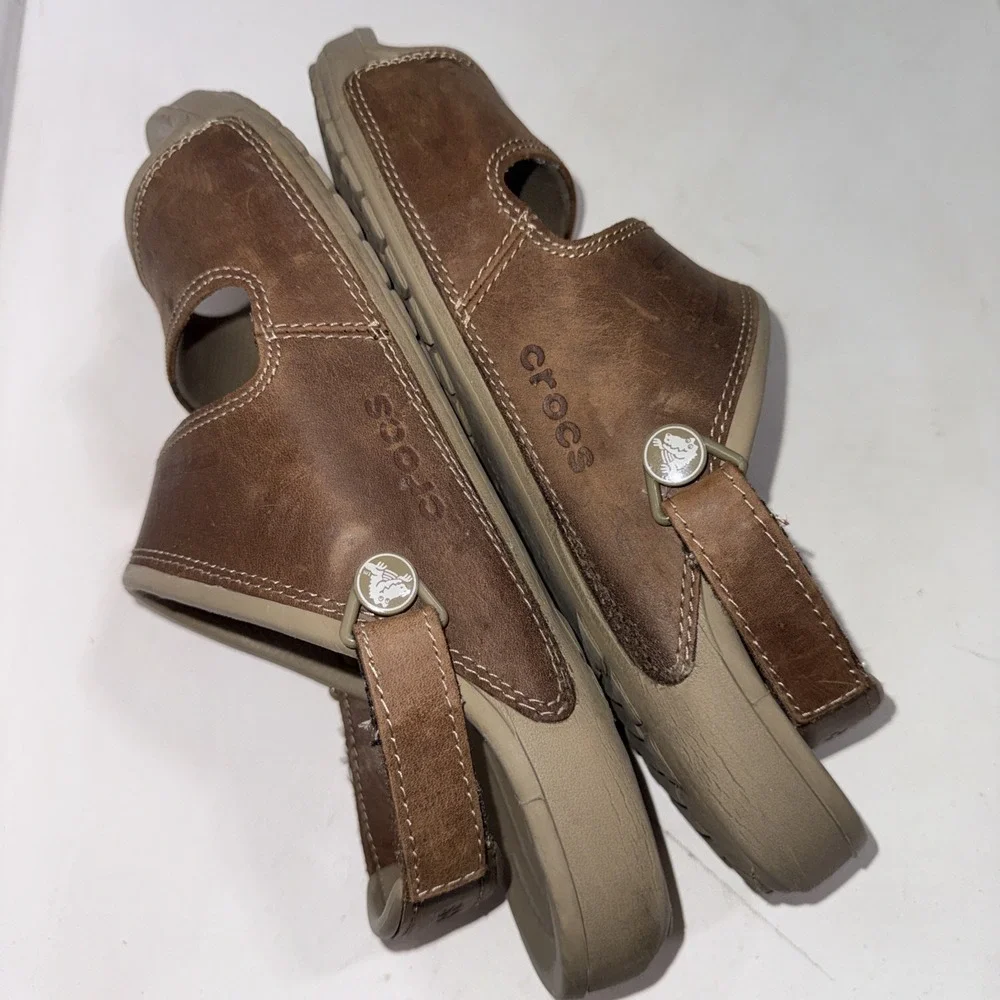 Crocs Yukon Brown Leather Two-Strap Outdoor Gorpcore Fisherman Sandals Size 13